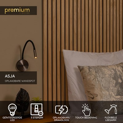 Lucide ASJA - Oplaadbare Wandspot / Wandlamp - Accu/Batterij - LED 3 StepDim - 1x3W 2700K - Grijs ijzer | Premium